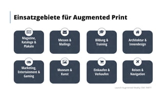Launch Augmented Reality CMS TARTT
Einsatzgebiete für Augmented Print
Magazine,
Kataloge &
Plakate
"
Messen &
Mailings
#
Bildung &
Training
$
Architektur &
Innendesign
%
Marketing,
Entertainment &
Gaming
&
Museum &
Kunst
'
Einkaufen &
Verkaufen
(
Reisen &
Navigation
)
 