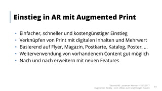 • Einfacher, schneller und kostengünstiger Einstieg
• Verknüpfen von Print mit digitalen Inhalten und Mehrwert
• Basierend auf Flyer, Magazin, Postkarte, Katalog, Poster, ...
• Weiterverwendung von vorhandenem Content gut möglich
• Nach und nach erweitern mit neuen Features
Einstieg in AR mit Augmented Print
Takondi AG · Jonathan Werner · 14.03.2017
Augmented Reality – vom «Wow» zum langfristigen Nutzen
63
 