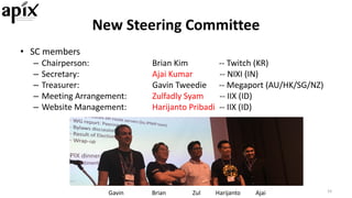 New	Steering	Committee
• SC	members
– Chairperson: Brian	Kim															-- Twitch	(KR)	
– Secretary: Ajai Kumar	 -- NIXI	(IN)
– Treasurer: Gavin	Tweedie						-- Megaport (AU/HK/SG/NZ)
– Meeting	Arrangement: Zulfadly Syam -- IIX	(ID)
– Website	Management: Harijanto Pribadi -- IIX	(ID)
10
Gavin AjaiBrian Zul Harijanto
 
