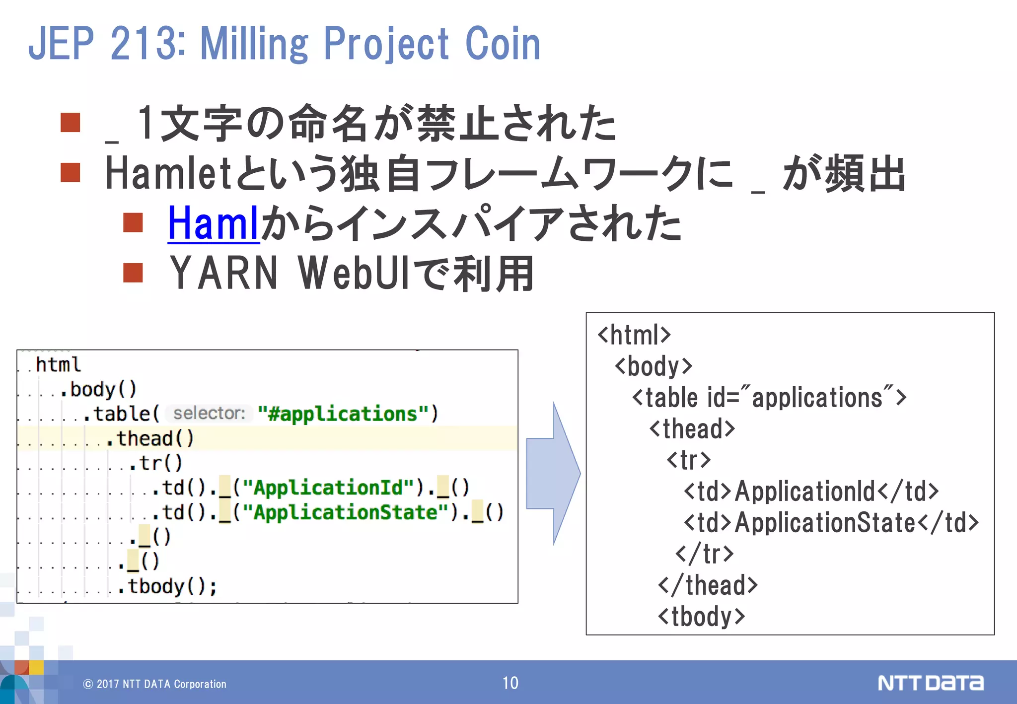 © 2017 NTT DATA Corporation 10
 _ 1文字の命名が禁止された
 Hamletという独自フレームワークに _ が頻出
 Hamlからインスパイアされた
 YARN WebUIで利用
JEP 213: Milling Project Coin
<html>
<body>
<table id="applications">
<thead>
<tr>
<td>ApplicationId</td>
<td>ApplicationState</td>
</tr>
</thead>
<tbody>
 