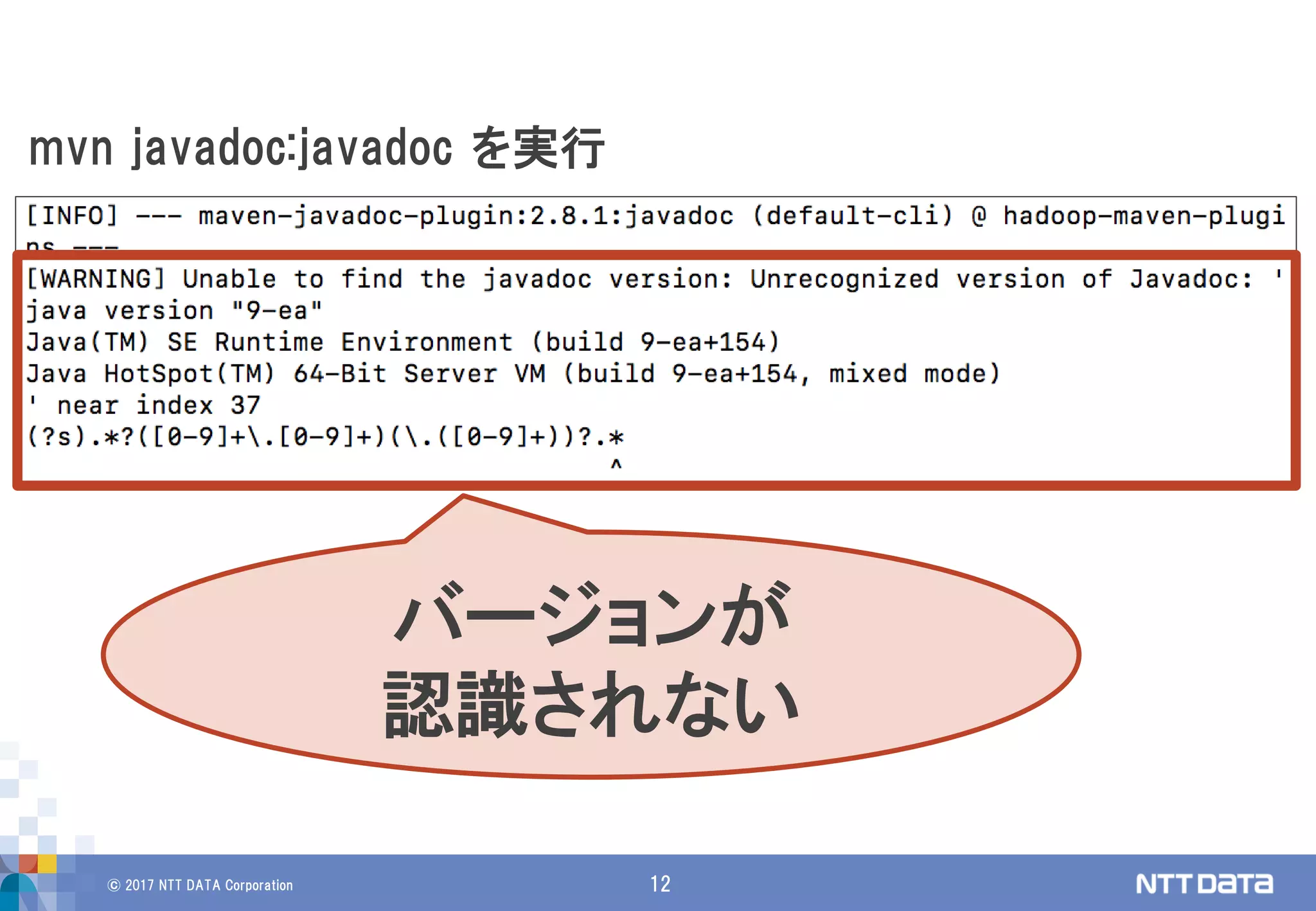 © 2017 NTT DATA Corporation 12
mvn javadoc:javadoc を実行
バージョンが
認識されない
 