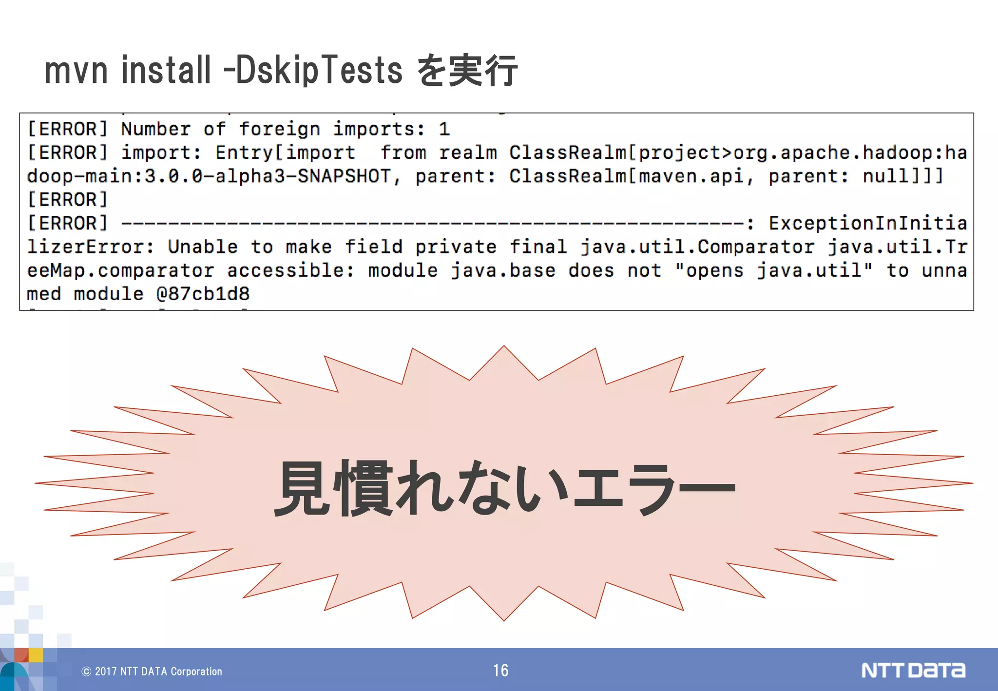 © 2017 NTT DATA Corporation 16
mvn install -DskipTests を実行
見慣れないエラー
 