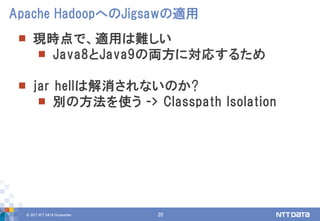 © 2017 NTT DATA Corporation 20
 現時点で、適用は難しい
 Java8とJava9の両方に対応するため
 jar hellは解消されないのか?
 別の方法を使う -> Classpath Isolation
Apache HadoopへのJigsawの適用
 