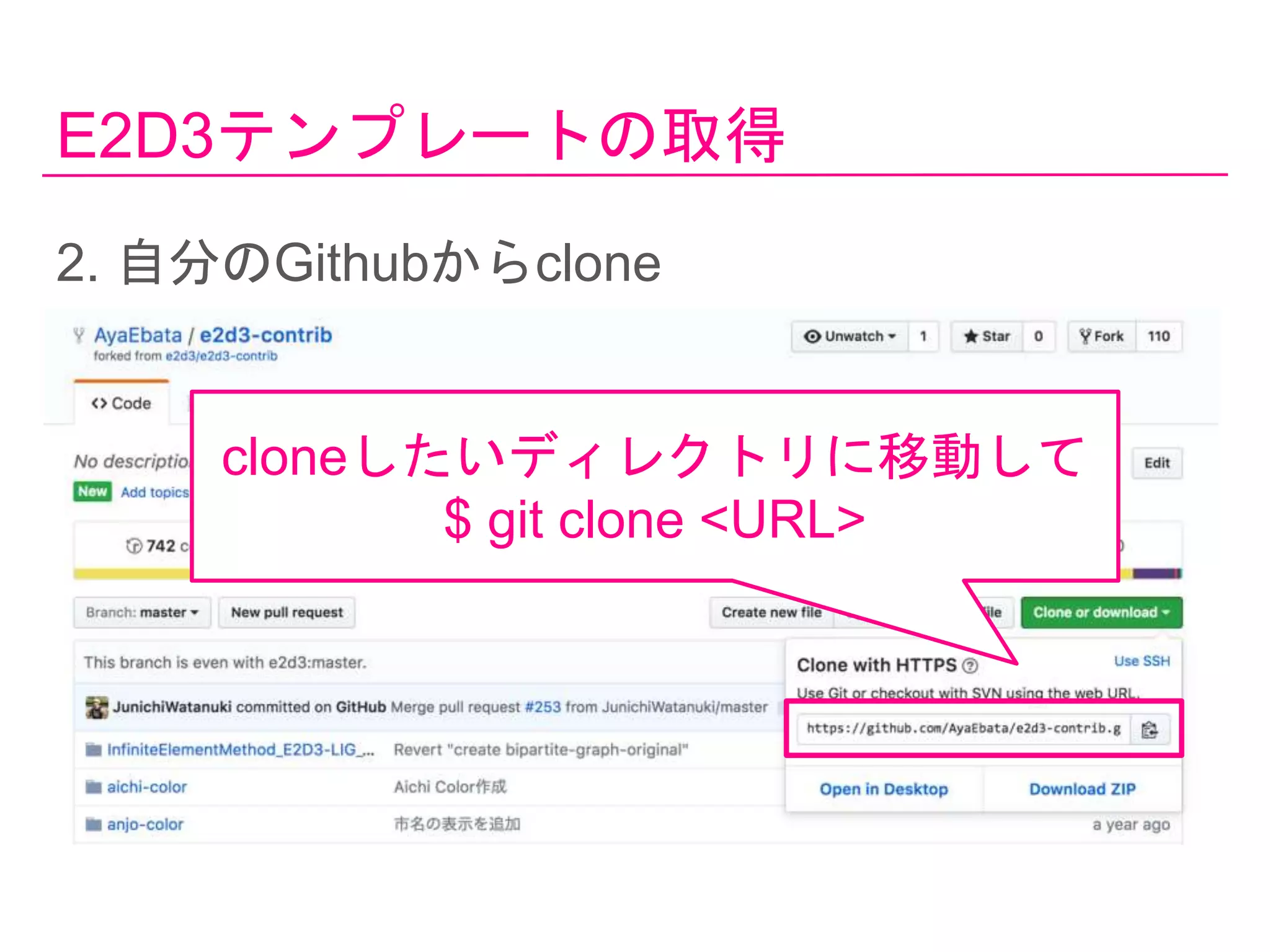 E2D3テンプレートの取得
2. 自分のGithubからclone
cloneしたいディレクトリに移動して
$ git clone <URL>
 
