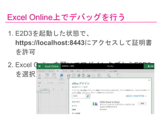 Excel OnlineϤǥǥХåФ
1. E2D3Ӥ״Bǡ
https://localhost:8443˥^
S
2. Excel Online_ƥɥ󥿥֤E2D3
xk
 