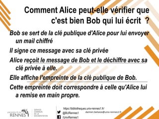 https://bibliotheques.univ-rennes1.fr/
@BURennes1
/UnivRennes1
damien.belveze@univ-rennes1.fr
Comment Alice peut-elle vérifier que
c'est bien Bob qui lui écrit ?
Bob se sert de la clé publique d'Alice pour lui envoyer
un mail chiffré
Il signe ce message avec sa clé privée
Alice reçoit le message de Bob et le déchiffre avec sa
clé privée à elle.
Elle affiche l'empreinte de la clé publique de Bob.
Cette empreinte doit correspondre à celle qu'Alice lui
a remise en main propre.
 