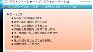 プロダクトマネージャー・プロダクトオーナーとは
プロダクトマネージャーに求められること（5/6）
 チーム力
 みんなから信頼される力
 必要であればなんでもする力
 泥臭いことを進んですること
 技術者と最低限同じ言葉で話せる力
 ユーザ理解と多くの引き出しを持つ力
 自走力
 誰かに任せることができる判断力
 自律的なチームを作る
Copyright© Growth xPartners, Inc. All rights reserved. 94
 