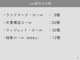 27
•ランドマーク・ロール 　： 8種
•文書構造ロール 　　　　：26種
•ウィジェット・ロール 　：36種
•抽象ロール（使用禁止）　　：12種
role属性の分類
 