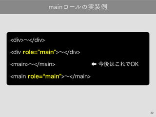 32
mainロールの実装例
<div>〜</div>
<div role="main">〜</div>
<main>〜</main> <!— 今後はこれでOK —>
<main role="main">〜</main>
 