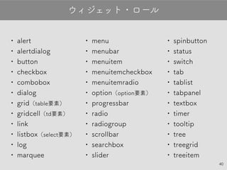 40
•alert
•alertdialog
•button
•checkbox
•combobox
•dialog
•grid（table要素）
•gridcell（td要素）
•link
•listbox（select要素）
•log
•marquee
ウィジェット・ロール
•menu
•menubar
•menuitem
•menuitemcheckbox
•menuitemradio
•option（option要素）
•progressbar
•radio
•radiogroup
•scrollbar
•searchbox
•slider
•spinbutton
•status
•switch
•tab
•tablist
•tabpanel
•textbox
•timer
•tooltip
•tree
•treegrid
•treeitem
 