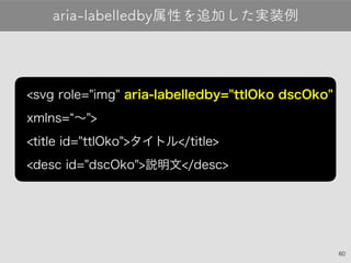 60
aria-labelledby属性を追加した実装例
<svg role="img" aria-labelledby="ttlOko dscOko"
xmlns="〜">
<title id="ttlOko">タイトル</title>
<desc id="dscOko">説明文</desc>
 