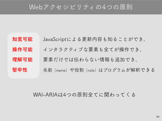 84
知覚可能　　JavaScriptによる更新内容も知ることができ、
操作可能　　インタラクティブな要素も全てが操作でき、
理解可能　　要素だけでは伝わらない情報も追加でき、
堅牢性　　　名前（name）や役割（role）はプログラムが解釈できる
Webアクセシビリティの4つの原則
WAI-ARIAは4つの原則全てに関わってくる
 