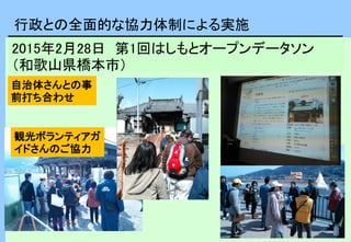行政との全面的な協力体制による実施
2015年2月28日 第1回はしもとオープンデータソン
（和歌山県橋本市）
自治体さんとの事
前打ち合わせ
観光ボランティアガ
イドさんのご協力
 