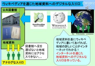 地域資料
公共図書館
ウィキペディアを通じた地域資料へのデジタルな入り口
アナログな入り口
図書館へ足を
運ばないと地域
資料にはアクセ
スできない。。
By Wikimedia commons
ピロリロリン
地域資料を基にウィキペ
ディアに書いてあげれば、
地域の詳しいことがインタ
ーネットでわかる！
インターネットを通じた
地域資料へのデジタルな
入り口を作っている。
 