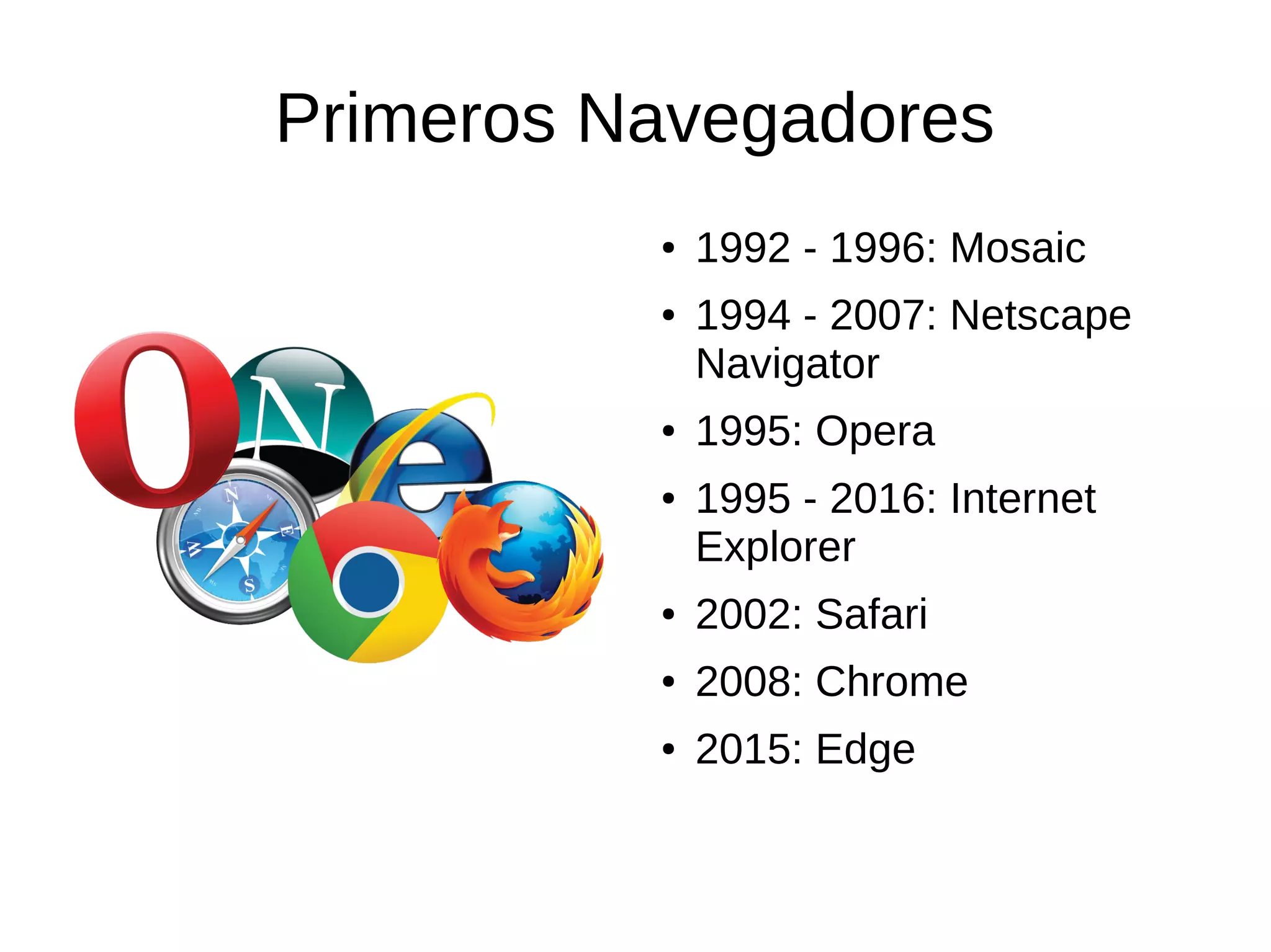 Primeros Navegadores
● 1992 - 1996: Mosaic
● 1994 - 2007: Netscape
Navigator
● 1995: Opera
● 1995 - 2016: Internet
Explorer
● 2002: Safari
● 2008: Chrome
● 2015: Edge
 