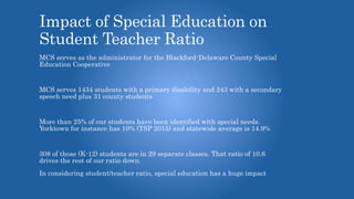 Impact of Special Education on
Student Teacher Ratio
MCS serves as the administrator for the Blackford-Delaware County Special
Education Cooperative
MCS serves 1434 students with a primary disability and 243 with a secondary
speech need plus 31 county students
More than 25% of our students have been identified with special needs.
Yorktown for instance has 10% (TSP 2015) and statewide average is 14.9%
308 of those (K-12) students are in 29 separate classes. That ratio of 10.6
drives the rest of our ratio down.
In considering student/teacher ratio, special education has a huge impact
 
