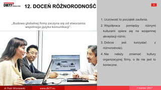„Budowa globalnej firmy zaczyna się od stworzenia
wspólnego języka komunikacji”.
12. DOCEŃ RÓŻNORODNOŚĆ
1. Uczciwość to początek zaufania.
2. Współpraca pomiędzy różnymi
kulturami opiera się na wzajemnej
akceptacji różnic.
3. Dobrze jest korzystać z
różnorodności.
4. Nie należy zmieniać kultury
organizacyjnej firmy, o ile nie jest to
konieczne.
63
dr Piotr Wisniewski www.db77.eu 7 marzec 2017
 