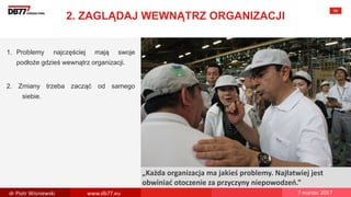 There are no
secrets to
success. It is
the result of
preparation,
hard work,
and learning
from failure.
Colin Powell
Carlos Ghosn:
„Każda organizacja ma jakieś problemy. Najłatwiej jest
obwiniać otoczenie za przyczyny niepowodzeń.”
2. ZAGLĄDAJ WEWNĄTRZ ORGANIZACJI
68
1. Problemy najczęściej mają swoje
podłoże gdzieś wewnątrz organizacji.
2. Zmiany trzeba zacząć od samego
siebie.
dr Piotr Wisniewski www.db77.eu 7 marzec 2017
 
