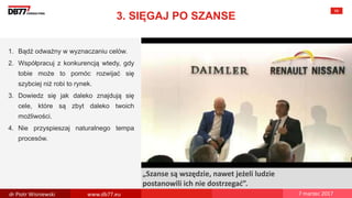 There are no
secrets to
success. It is
the result of
preparation,
hard work,
and learning
from failure.
Colin Powell
Carlos Ghosn:
„Szanse są wszędzie, nawet jeżeli ludzie
postanowili ich nie dostrzegać”.
3. SIĘGAJ PO SZANSE
69
1. Bądź odważny w wyznaczaniu celów.
2. Współpracuj z konkurencją wtedy, gdy
tobie może to pomóc rozwijać się
szybciej niż robi to rynek.
3. Dowiedz się jak daleko znajdują się
cele, które są zbyt daleko twoich
możliwości.
4. Nie przyspieszaj naturalnego tempa
procesów.
dr Piotr Wisniewski www.db77.eu 7 marzec 2017
 