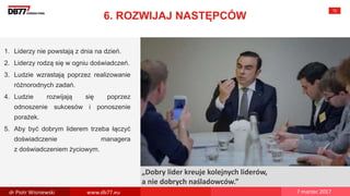 There are no
secrets to
success. It is
the result of
preparation,
hard work,
and learning
from failure.
Colin Powell
„Dobry lider kreuje kolejnych liderów,
a nie dobrych naśladowców.”
6. ROZWIJAJ NASTĘPCÓW
72
1. Liderzy nie powstają z dnia na dzień.
2. Liderzy rodzą się w ogniu doświadczeń.
3. Ludzie wzrastają poprzez realizowanie
różnorodnych zadań.
4. Ludzie rozwijają się poprzez
odnoszenie sukcesów i ponoszenie
porażek.
5. Aby być dobrym liderem trzeba łączyć
doświadczenie managera
z doświadczeniem życiowym.
dr Piotr Wisniewski www.db77.eu 7 marzec 2017
 