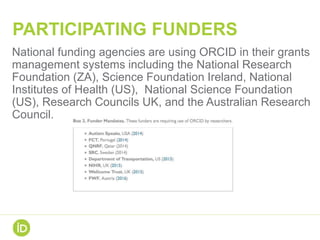 PARTICIPATING FUNDERS
National funding agencies are using ORCID in their grants
management systems including the National Research
Foundation (ZA), Science Foundation Ireland, National
Institutes of Health (US), National Science Foundation
(US), Research Councils UK, and the Australian Research
Council.
 