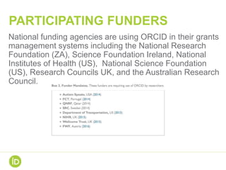 PARTICIPATING FUNDERS
National funding agencies are using ORCID in their grants
management systems including the National ...