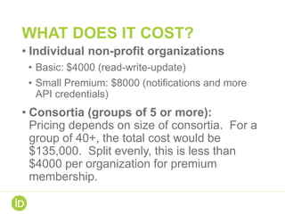 WHAT DOES IT COST?
• Individual non-profit organizations
• Basic: $4000 (read-write-update)
• Small Premium: $8000 (notifi...