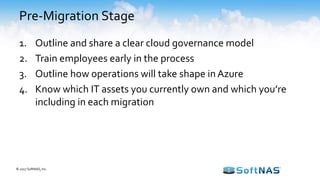Pre-Migration Stage
1. Outline and share a clear cloud governance model
2. Train employees early in the process
3. Outline how operations will take shape in Azure
4. Know which IT assets you currently own and which you’re
including in each migration
© 2017 SoftNAS, Inc.
 