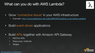 What can you do with AWS Lambda?
•  Grow ‘connective tissue’ in your AWS infrastructure
–  Example: http://www.slideshare.net/JulienSIMON5/building-a-serverless-pipeline 

•  Build event-driven applications
•  Build APIs together with Amazon API Gateway
•  RESTful APIs
•  Resources, methods
•  Stages
http://aws.amazon.com/apigateway 
 