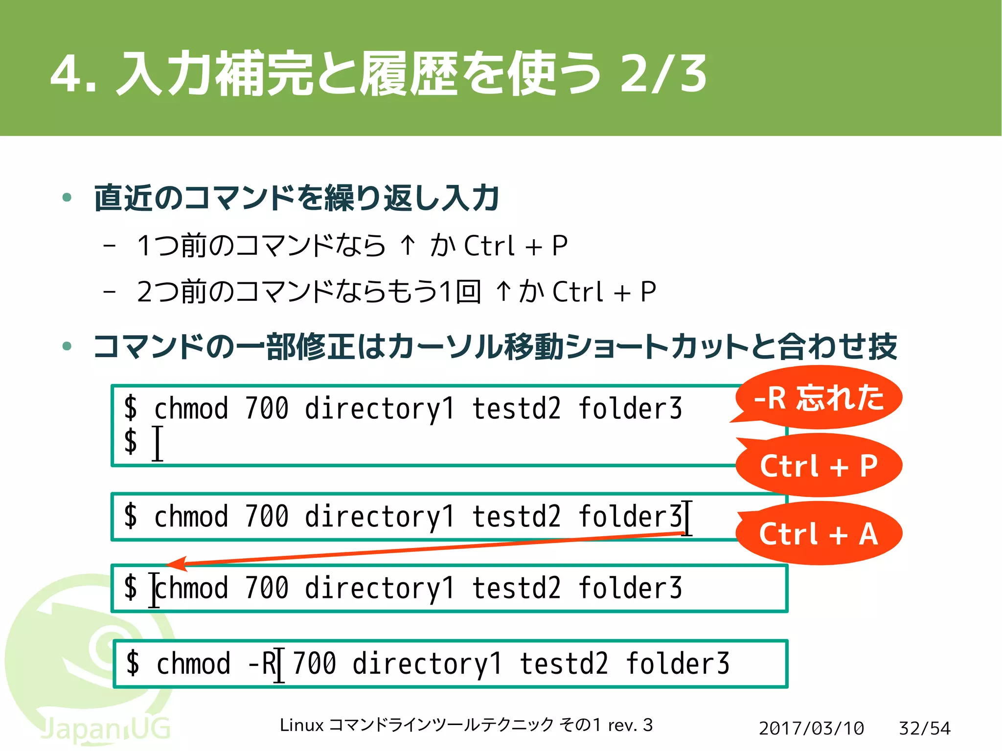 2017/03/10Linux コマンドラインツールテクニック その1 rev. 3 32/54
4. 入力補完と履歴を使う 2/3
● 直近のコマンドを繰り返し入力
– 1つ前のコマンドなら ↑ か Ctrl + P
– 2つ前のコマンドならもう1回 ↑か Ctrl + P
● コマンドの一部修正はカーソル移動ショートカットと合わせ技
$ chmod 700 directory1 testd2 folder3
$
$ chmod 700 directory1 testd2 folder3
$ chmod 700 directory1 testd2 folder3
$ chmod -R 700 directory1 testd2 folder3
-R 忘れた
Ctrl + P
Ctrl + A
 