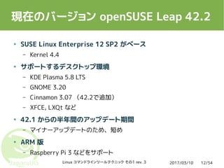 2017/03/10Linux コマンドラインツールテクニック その1 rev. 3 12/54
現在のバージョン openSUSE Leap 42.2
● SUSE Linux Enterprise 12 SP2 がベース
– Kernel 4.4
● サポートするデスクトップ環境
– KDE Plasma 5.8 LTS
– GNOME 3.20
– Cinnamon 3.07 （42.2で追加）
– XFCE, LXQt など
● 42.1 からの半年間のアップデート期間
– マイナーアップデートのため、短め
● ARM 版
– Raspberry Pi 3 などをサポート
 