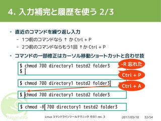 2017/03/10Linux コマンドラインツールテクニック その1 rev. 3 32/54
4. 入力補完と履歴を使う 2/3
● 直近のコマンドを繰り返し入力
– 1つ前のコマンドなら ↑ か Ctrl + P
– 2つ前のコマンドならもう1回 ↑か Ctrl + P
● コマンドの一部修正はカーソル移動ショートカットと合わせ技
$ chmod 700 directory1 testd2 folder3
$
$ chmod 700 directory1 testd2 folder3
$ chmod 700 directory1 testd2 folder3
$ chmod -R 700 directory1 testd2 folder3
-R 忘れた
Ctrl + P
Ctrl + A
 