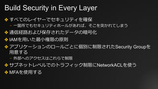 Build Security in Every Layer
✤ すべてのレイヤーでセキュリティを確保
⎻ ⼀箇所でもセキュリティホールがあれば、そこを突かれてしまう
✤ 通信経路および保存されたデータの暗号化
✤ IAMを⽤いた最⼩権限の原則
✤ アプリケーションのロールごとに個別に制限されたSecurity Groupを
⽤意する
⎻ 外部へのアクセスはこれらで制限
✤ サブネットレベルでのトラフィック制限にNetworkACLを使う
✤ MFAを使⽤する
 