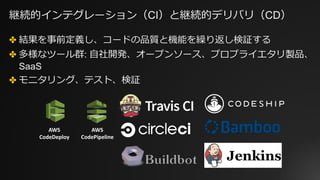 継続的インテグレーション（CI）と継続的デリバリ（CD）
✤ 結果を事前定義し、コードの品質と機能を繰り返し検証する
✤ 多様なツール群: ⾃社開発、オープンソース、プロプライエタリ製品、
SaaS
✤ モニタリング、テスト、検証
AWS	
CodeDeploy
AWS	
CodePipeline
 