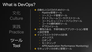 What is DevOps?
ツール
Tool
✤ ⾃動化とCI/CDのためのツール
⎻ Pipeline管理ツール
⎻ ソースコード管理ツール
⎻ テストフレームワーク/テストツール
⎻ コードレビュー/フィードバックツール
⎻ コードの静的解析ツール
⎻ デプロイツール
✤ ⼀貫性のある、予測可能なアプリケーション管理
と設定管理
✤ インフラストラクチャの計測
⎻ メトリクス
⎻ ロギング
⎻ モニタリング
⎻ APM(Application Performance Monitoring)
✤ セキュリティの分析と管理ツール
 