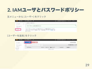2. IAMユーザとパスワードポリシー
左メニューから[ユーザー] をクリック
[ユーザーを追加] をクリック
29
 