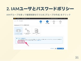 2. IAMユーザとパスワードポリシー
IAMグループを使って権限制御を行うため[グループの作成] をクリック
31
 