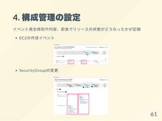 4. 構成管理の設定
イベント発生時刻や内容、前後でリソースの状態がどうなったかが記録
EC2の作成イベント
SecurityGroupの変更
61
 