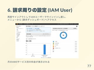 6. 請求周りの設定(IAM User)
再度サインアウトしてIAMユーザーでサインインし直し、
メニューから[請求ダッシュボード] へアクセス
月のAWSサービス別の料金が表示される
77
 