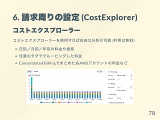 6. 請求周りの設定(CostExplorer)
コストエクスプローラー
コストエクスプローラーを使用すれば自由な分析が可能(利用は無料)
日別／月別／年別の料金や推移
任意のタグでグルーピングした料金
Consolidated Billingでまとめた各AWSアカウントの料金など
78
 