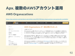 Apx. 複数のAWSアカウント運用
AWS Organazations
https://aws.amazon.com/jp/about-aws/whats-new/2017/02/aws-organizations-now-generally-available/
92
 