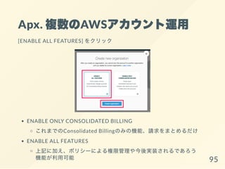 Apx. 複数のAWSアカウント運用
[ENABLE ALL FEATURES] をクリック
ENABLE ONLY CONSOLIDATED BILLING
これまでのConsolidated Billingのみの機能、請求をまとめるだけ
ENABLE ALL FEATURES
上記に加え、ポリシーによる権限管理や今後実装されるであろう
機能が利用可能 95
 