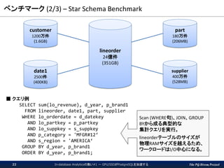 The PG-Strom Project
ベンチマーク (2/3) – Star Schema Benchmark
In-database Analyticsの集い#1 － GPU/SSDがPostgreSQLを加速する22
■ クエリ例
SELECT sum(lo_revenue), d_year, p_brand1
FROM lineorder, date1, part, supplier
WHERE lo_orderdate = d_datekey
AND lo_partkey = p_partkey
AND lo_suppkey = s_suppkey
AND p_category = 'MFGR#12‘
AND s_region = 'AMERICA‘
GROUP BY d_year, p_brand1
ORDER BY d_year, p_brand1;
customer
1200万件
(1.6GB)
date1
2500件
(400KB)
part
180万件
(206MB)
supplier
400万件
(528MB)
lineorder
24億件
(351GB)
Scan (WHERE句)、JOIN、GROUP
BYから成る典型的な
集計クエリを実行。
lineorderテーブルのサイズが
物理RAMサイズを越えるため、
ワークロードはI/O中心になる。
 