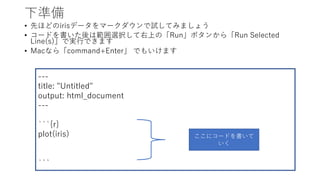 ʂ
? Ȥۤɤirisǩ`ީ`ԇƤߤޤ礦
? `ɤϹxkϤΡRunܥ󤫤顸Run Selected
Line(s)ǌg?Ǥޤ
? Macʤ顸command+Enter Ǥ⤤ޤ
---
title: "Untitled"
output: html_document
---
```{r}
plot(iris)
```
˥`ɤ

 