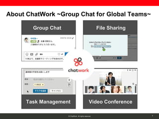 © ChatWork All rights reserved.
Group Chat File Sharing
Task Management Video Conference
About ChatWork ~Group Chat for Global Teams~
3
 