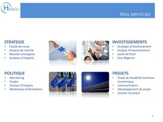 STRATEGIE
• Feuille de route
• Analyse de marché
• Marchés émergents
• Analyses d’impacts
INVESTISSEMENTS
• Stratégie d’investissement
• Analyse d’investissement
• Levée de fond
• Due diligence
POLITIQUE
• Monitoring
• Etudes
• Analyse d’impacts
• Workshops et formations
PROJETS
• Etude de faisabilité technico-
économique
• Communication
• Développement de projet
• Gestion de projet
4
Nos services
 