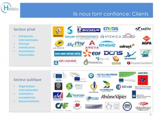 6
Ils nous font confiance: Clients
Secteur privé
• Entreprises
internationales
• Startups
• Investisseurs
• Associations
industrielles
Secteur publique
• Organisation
internationales
• Institutions
européennes
• Gouvernements
 