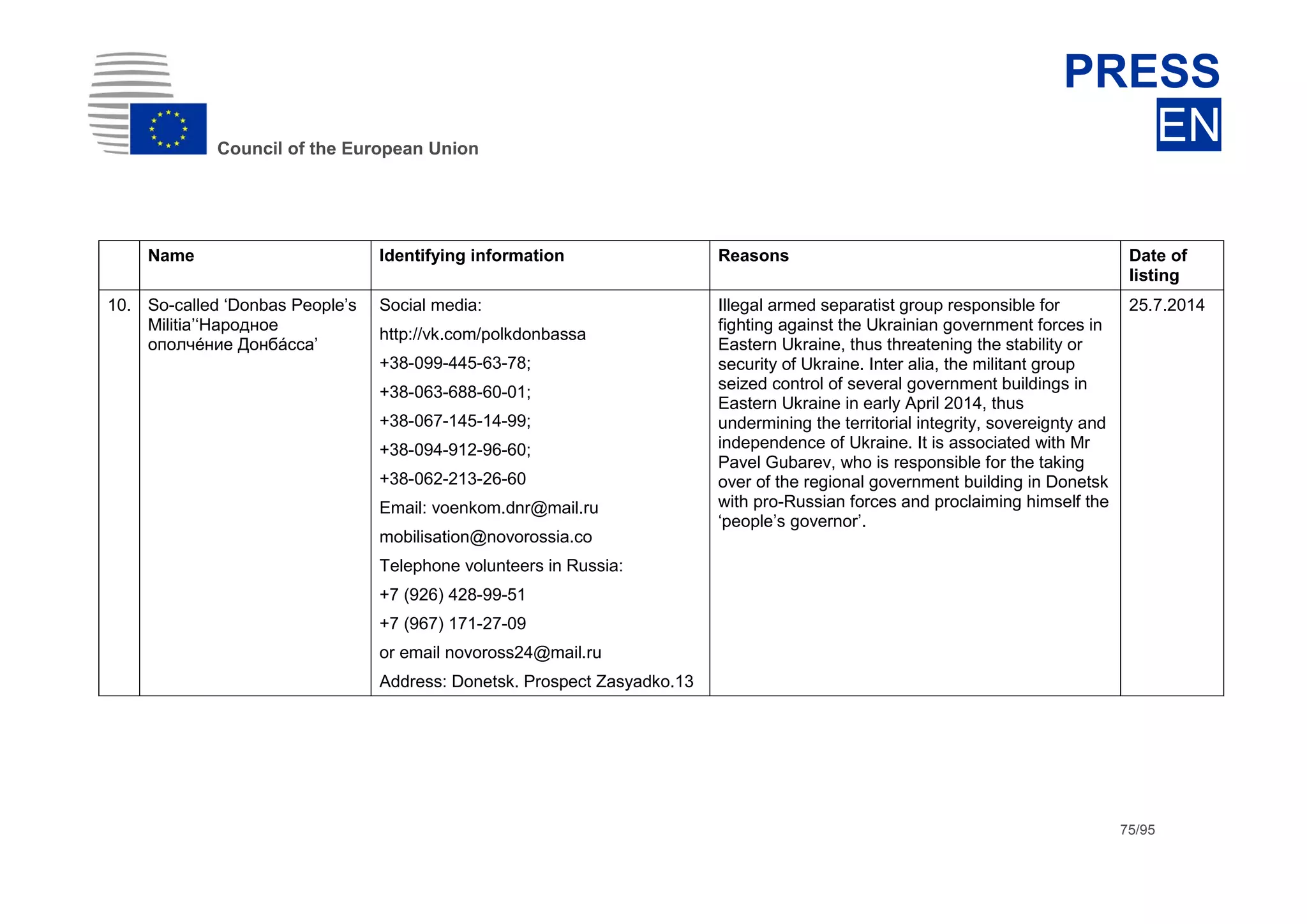 dhdsh
Council of the European Union
PRESS
EN
75/95
Name Identifying information Reasons Date of
listing
10. So-called ‘Donbas People’s
Militia’‘Нарoдное
oпoлчéние Дoнбáсса’
Social media:
http://vk.com/polkdonbassa
+38-099-445-63-78;
+38-063-688-60-01;
+38-067-145-14-99;
+38-094-912-96-60;
+38-062-213-26-60
Email: voenkom.dnr@mail.ru
mobilisation@novorossia.co
Telephone volunteers in Russia:
+7 (926) 428-99-51
+7 (967) 171-27-09
or email novoross24@mail.ru
Address: Donetsk. Prospect Zasyadko.13
Illegal armed separatist group responsible for
fighting against the Ukrainian government forces in
Eastern Ukraine, thus threatening the stability or
security of Ukraine. Inter alia, the militant group
seized control of several government buildings in
Eastern Ukraine in early April 2014, thus
undermining the territorial integrity, sovereignty and
independence of Ukraine. It is associated with Mr
Pavel Gubarev, who is responsible for the taking
over of the regional government building in Donetsk
with pro-Russian forces and proclaiming himself the
‘people’s governor’.
25.7.2014
 