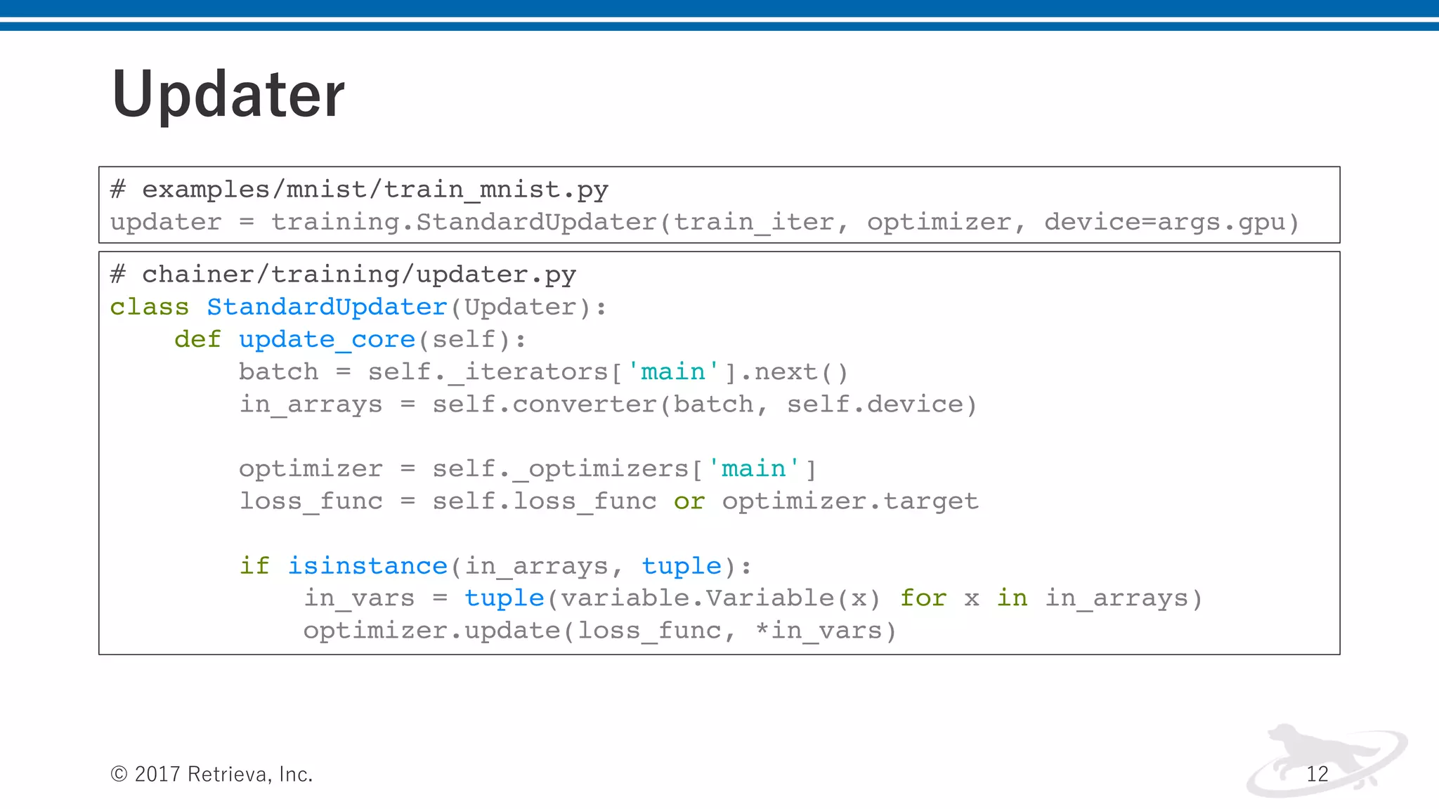 Updater
© 2017 Retrieva, Inc. 12
# examples/mnist/train_mnist.py
updater = training.StandardUpdater(train_iter, optimizer, device=args.gpu)
# chainer/training/updater.py
class StandardUpdater(Updater):
def update_core(self):
batch = self._iterators['main'].next()
in_arrays = self.converter(batch, self.device)
optimizer = self._optimizers['main']
loss_func = self.loss_func or optimizer.target
if isinstance(in_arrays, tuple):
in_vars = tuple(variable.Variable(x) for x in in_arrays)
optimizer.update(loss_func, *in_vars)
 