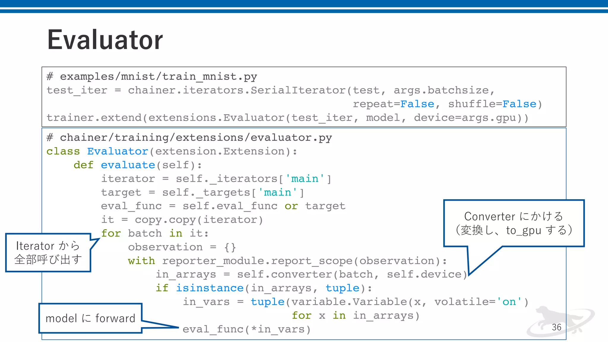 Evaluator
© 2017 Retrieva, Inc. 36
# examples/mnist/train_mnist.py
test_iter = chainer.iterators.SerialIterator(test, args.batchsize,
repeat=False, shuffle=False)
trainer.extend(extensions.Evaluator(test_iter, model, device=args.gpu))
# chainer/training/extensions/evaluator.py
class Evaluator(extension.Extension):
def evaluate(self):
iterator = self._iterators['main']
target = self._targets['main']
eval_func = self.eval_func or target
it = copy.copy(iterator)
for batch in it:
observation = {}
with reporter_module.report_scope(observation):
in_arrays = self.converter(batch, self.device)
if isinstance(in_arrays, tuple):
in_vars = tuple(variable.Variable(x, volatile='on')
for x in in_arrays)
eval_func(*in_vars)
Iterator から
全部呼び出す
Converter にかける
（変換し、to_gpu する）
model に forward
 